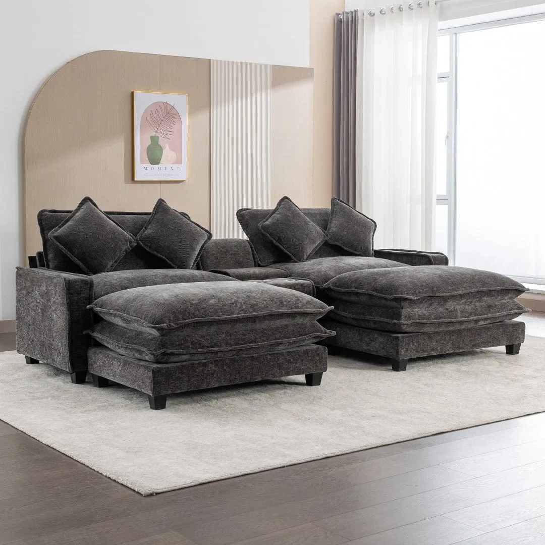 112.6" Chenille Sectional Sofa with Ottoman, USB Ports, Cup Holders & Storage Box, Black-Living Room