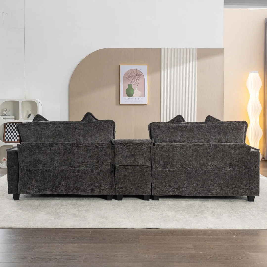 112.6" Chenille Sectional Sofa with Ottoman, USB Ports, Cup Holders & Storage Box, Black-Living Room