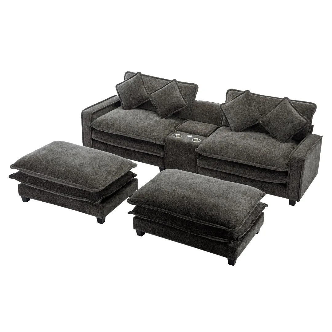 112.6" Chenille Sectional Sofa with Ottoman, USB Ports, Cup Holders & Storage Box, Black-Living Room