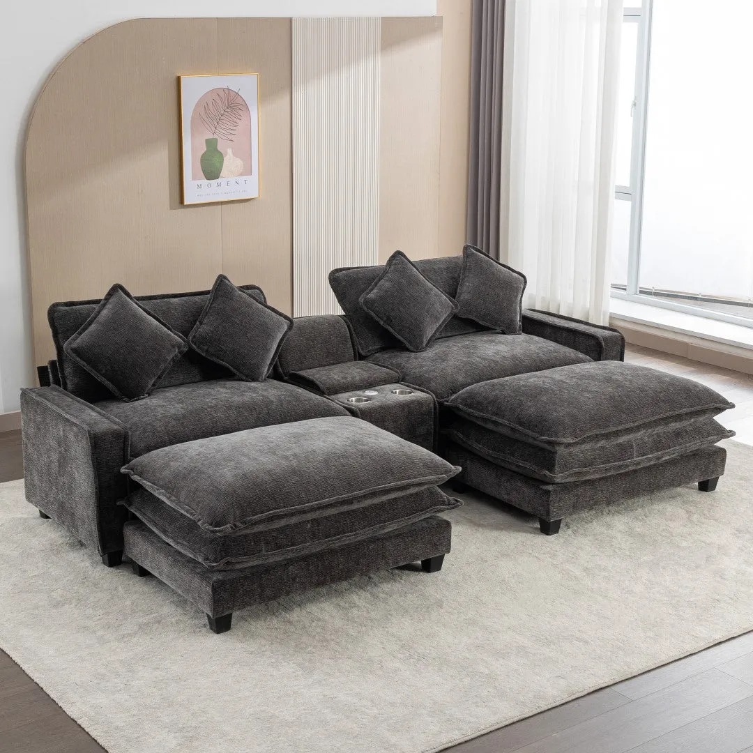 112.6" Chenille Sectional Sofa with Ottoman, USB Ports, Cup Holders & Storage Box, Black-Living Room