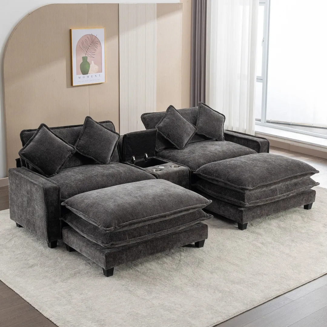 112.6" Chenille Sectional Sofa with Ottoman, USB Ports, Cup Holders & Storage Box, Black-Living Room