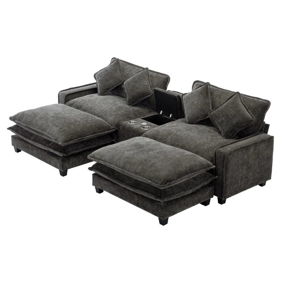 112.6" Chenille Sectional Sofa with Ottoman, USB Ports, Cup Holders & Storage Box, Black-Living Room