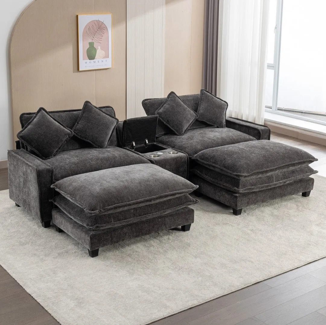 112.6" Chenille Sectional Sofa with Ottoman, USB Ports, Cup Holders & Storage Box, Black-Living Room