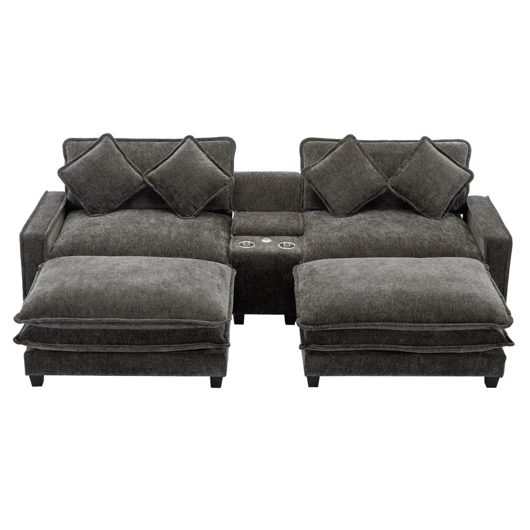 112.6" Chenille Sectional Sofa with Ottoman, USB Ports, Cup Holders & Storage Box, Black-Living Room