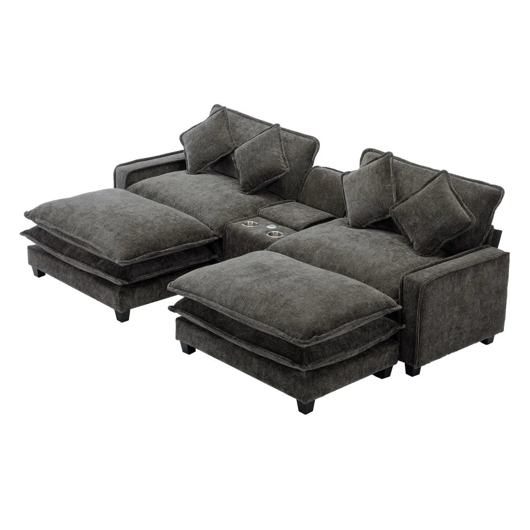 112.6" Chenille Sectional Sofa with Ottoman, USB Ports, Cup Holders & Storage Box, Black-Living Room