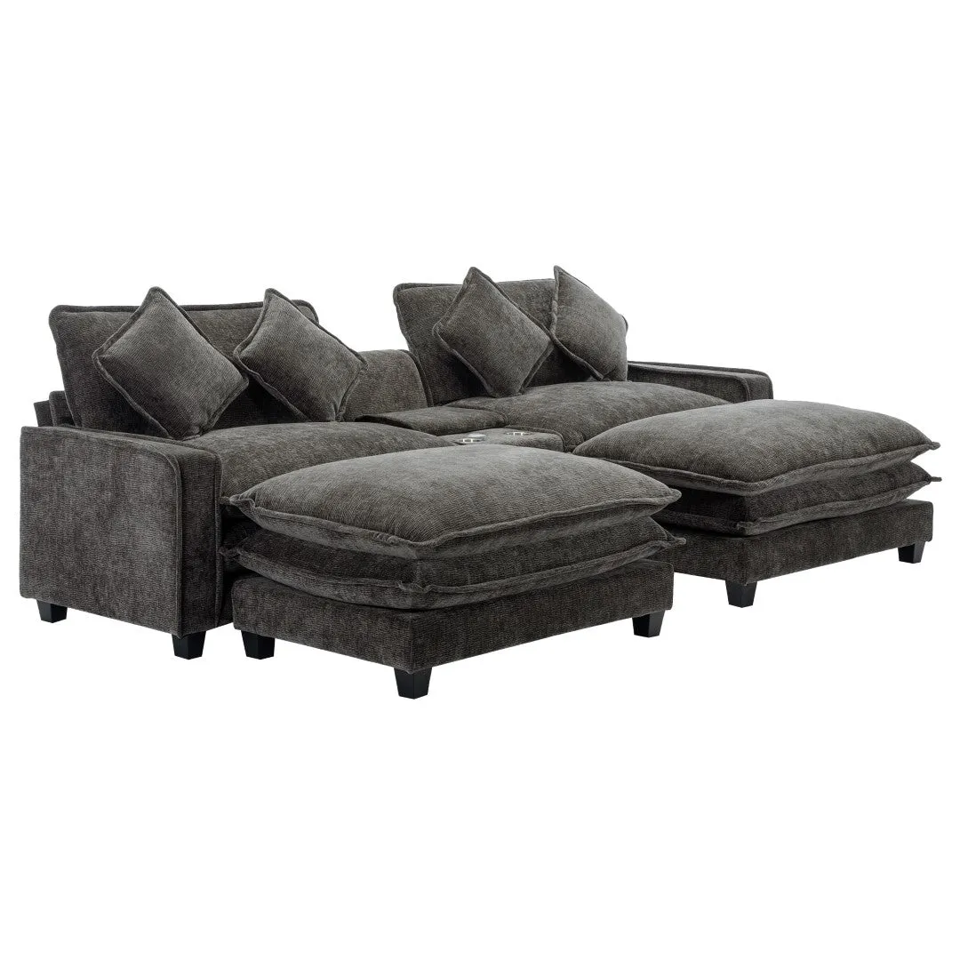 112.6" Chenille Sectional Sofa with Ottoman, USB Ports, Cup Holders & Storage Box, Black-Living Room