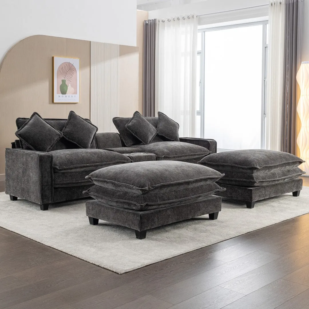 112.6" Chenille Sectional Sofa with Ottoman, USB Ports, Cup Holders & Storage Box, Black-Living Room