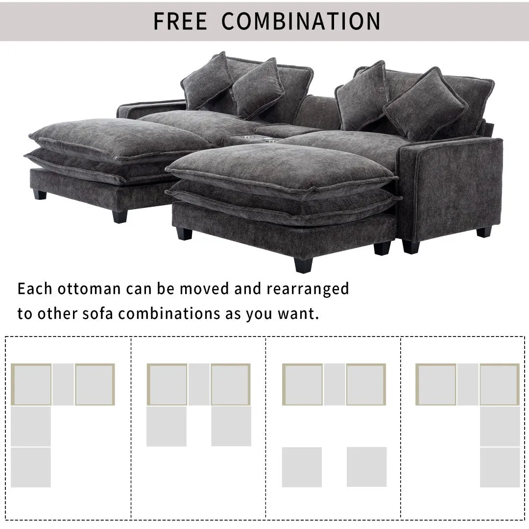 112.6" Chenille Sectional Sofa with Ottoman, USB Ports, Cup Holders & Storage Box, Black-Living Room