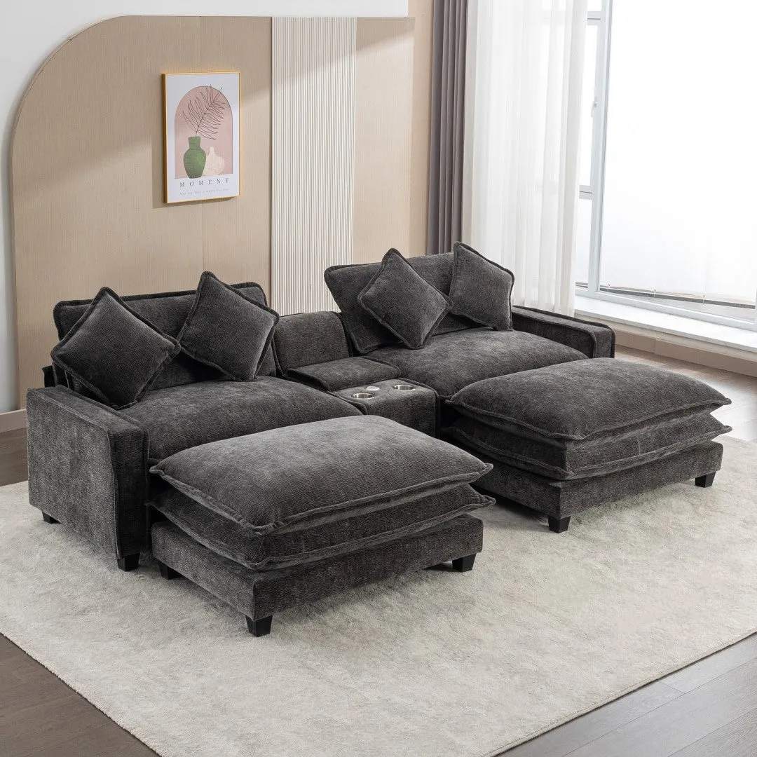 112.6" Chenille Sectional Sofa with Ottoman, USB Ports, Cup Holders & Storage Box, Black-Living Room