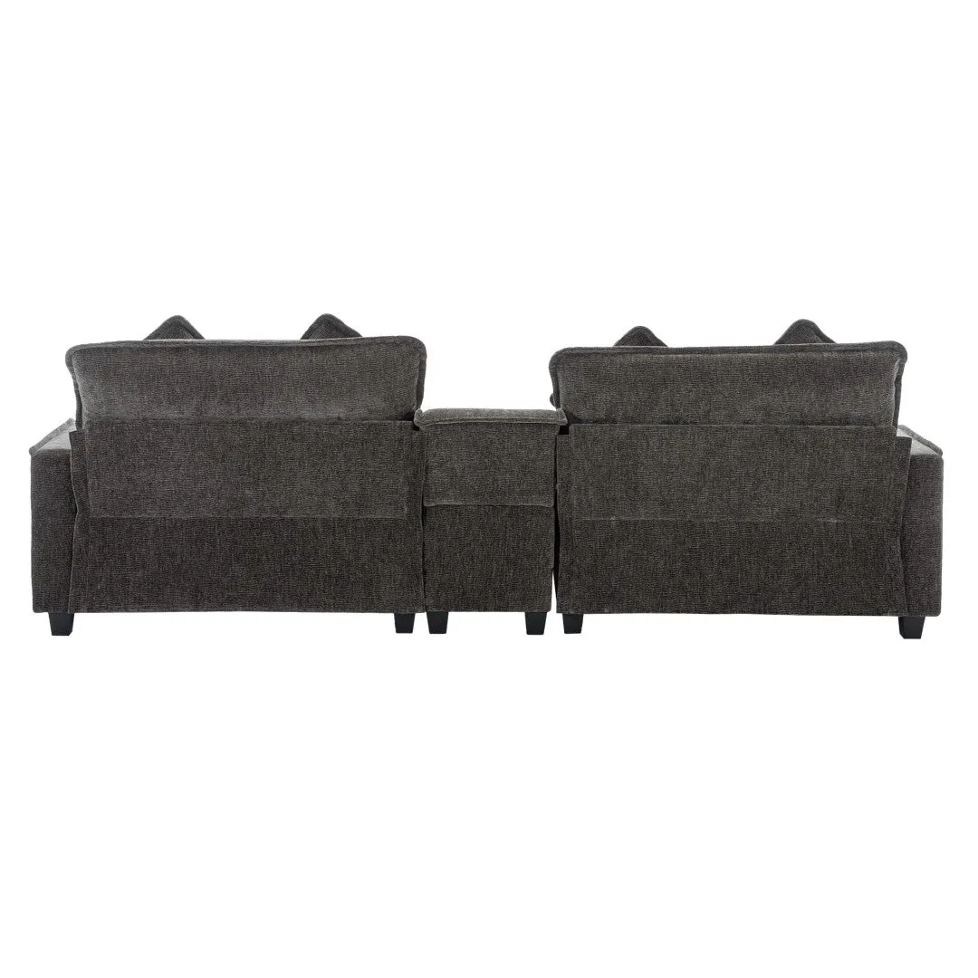 112.6" Chenille Sectional Sofa with Ottoman, USB Ports, Cup Holders & Storage Box, Black-Living Room