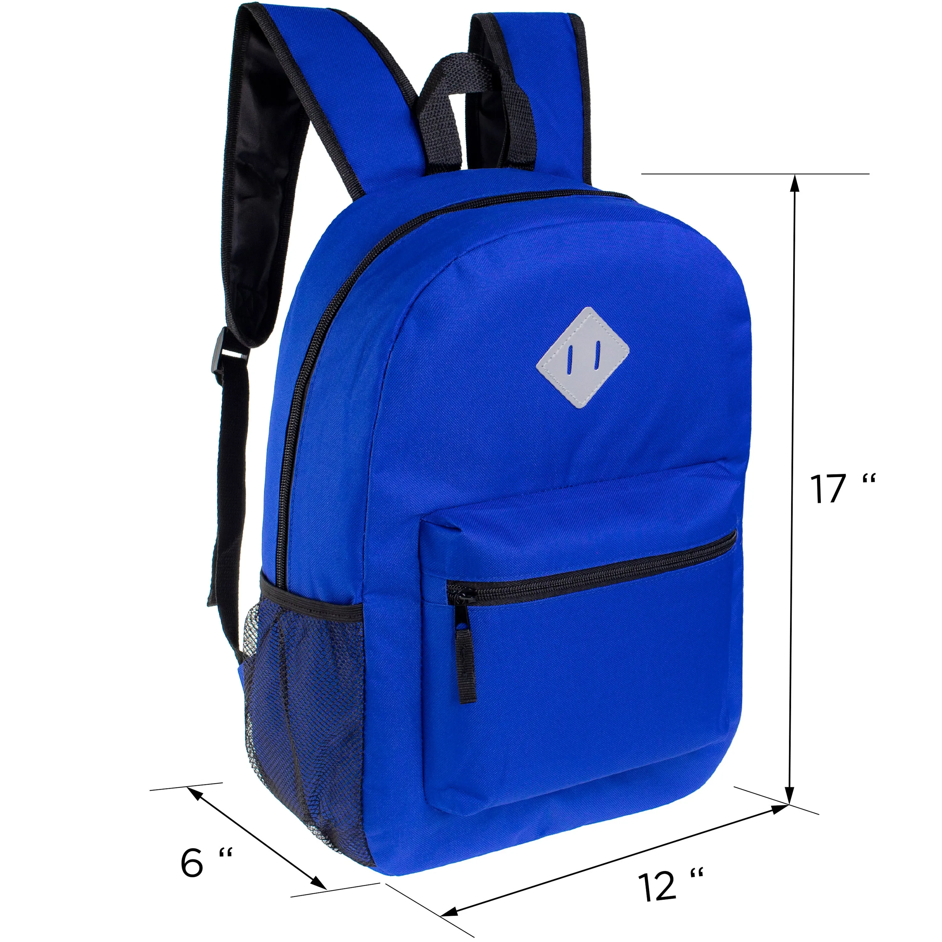 12 Diamond Patch 17" Backpacks in 11 Colors & Your Choice of 12 Bulk Hygiene Kits - Wholesale Care Package: Homeless, Emergency, Charity