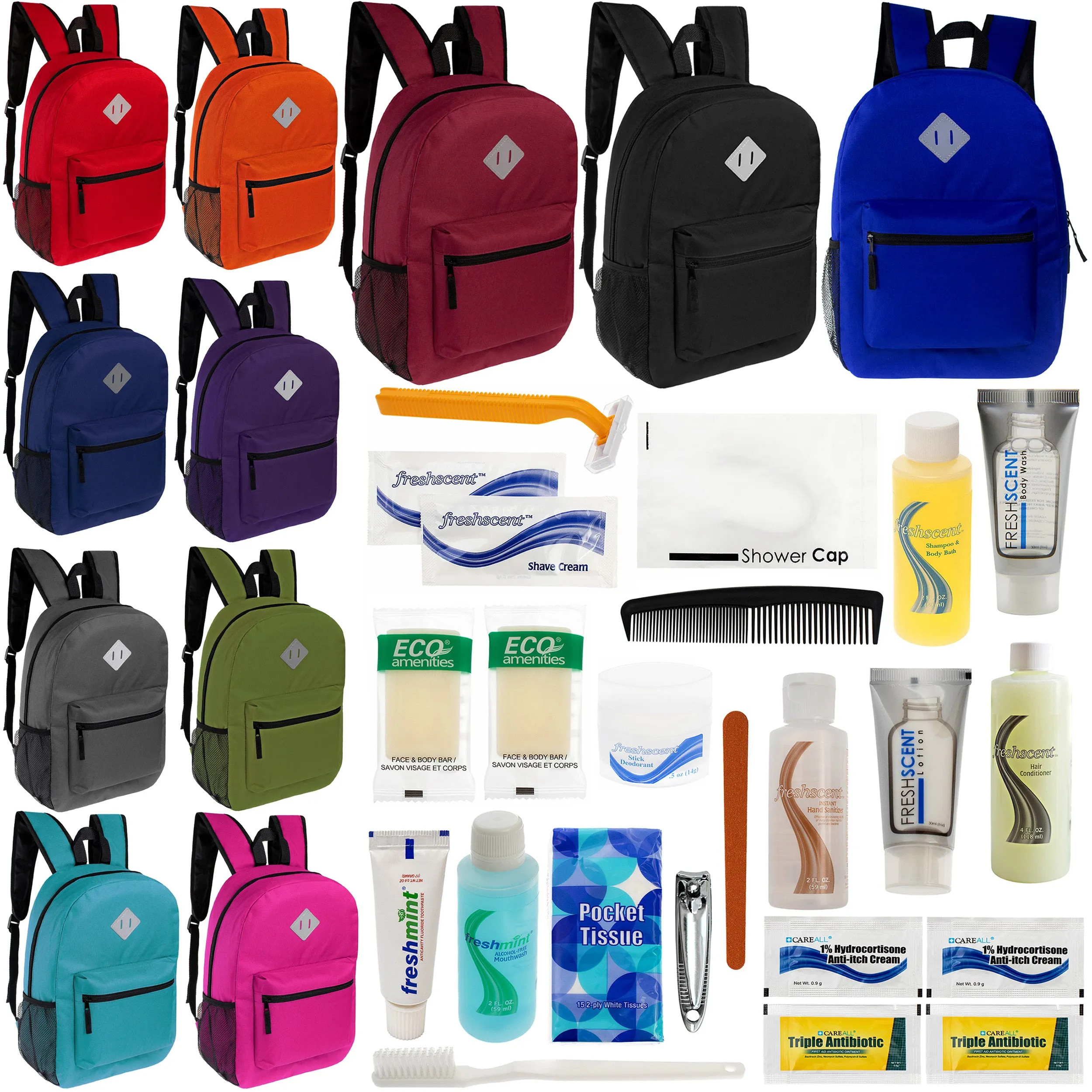 12 Diamond Patch 17" Backpacks in 11 Colors & Your Choice of 12 Bulk Hygiene Kits - Wholesale Care Package: Homeless, Emergency, Charity