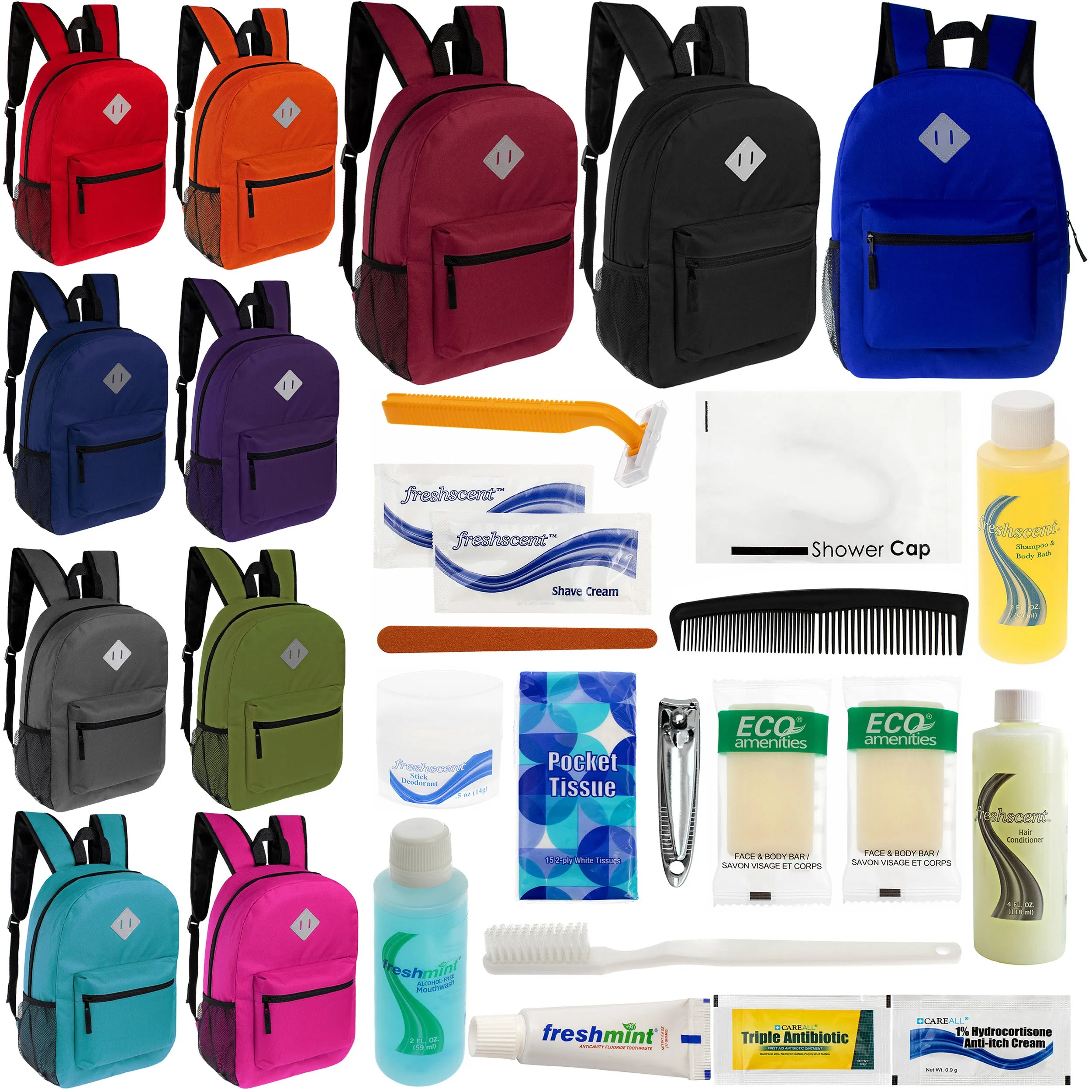 12 Diamond Patch 17" Backpacks in 11 Colors & Your Choice of 12 Bulk Hygiene Kits - Wholesale Care Package: Homeless, Emergency, Charity