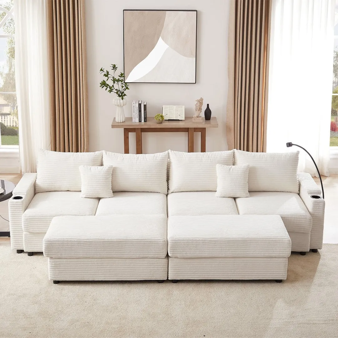 123.2" Modern 4-Seater Sectional Sofa with Storage, Ottomans, USB Ports, Cup Holders, Phone Holder, Beige