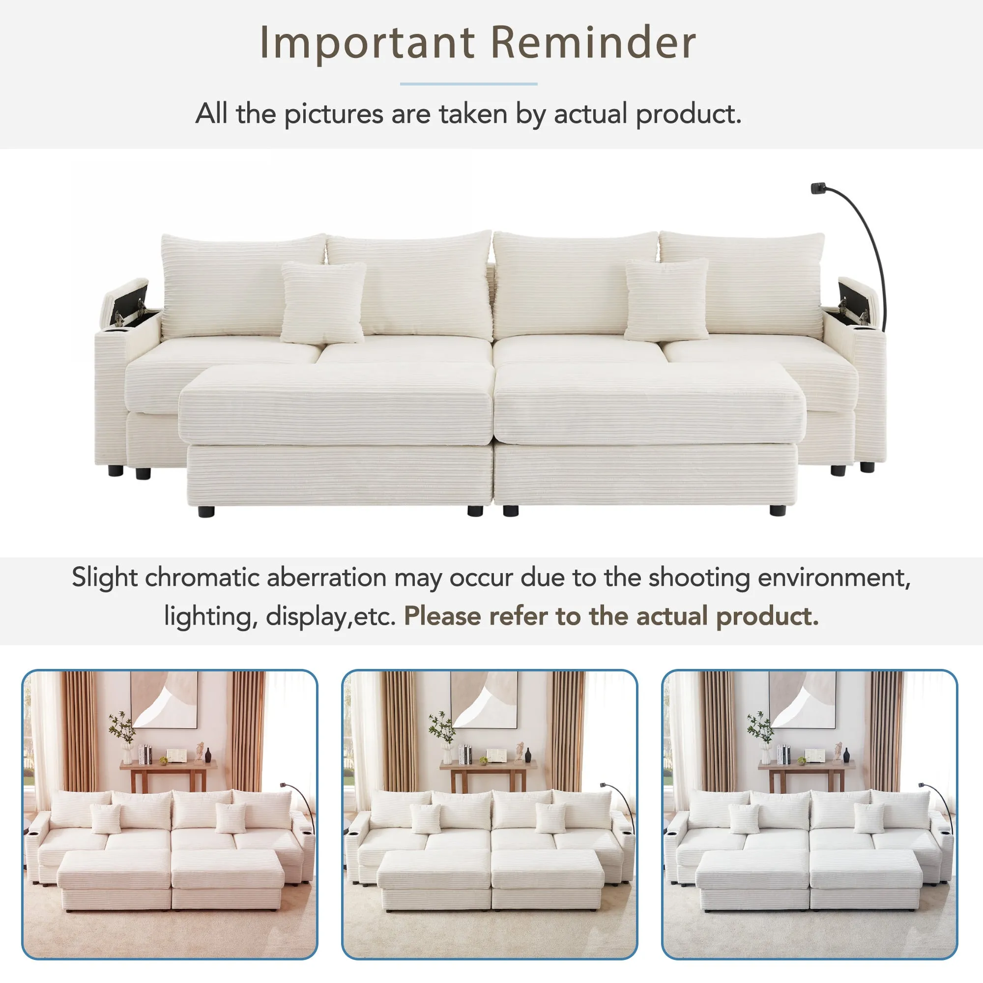 123.2" Modern 4-Seater Sectional Sofa with Storage, Ottomans, USB Ports, Cup Holders, Phone Holder, Beige