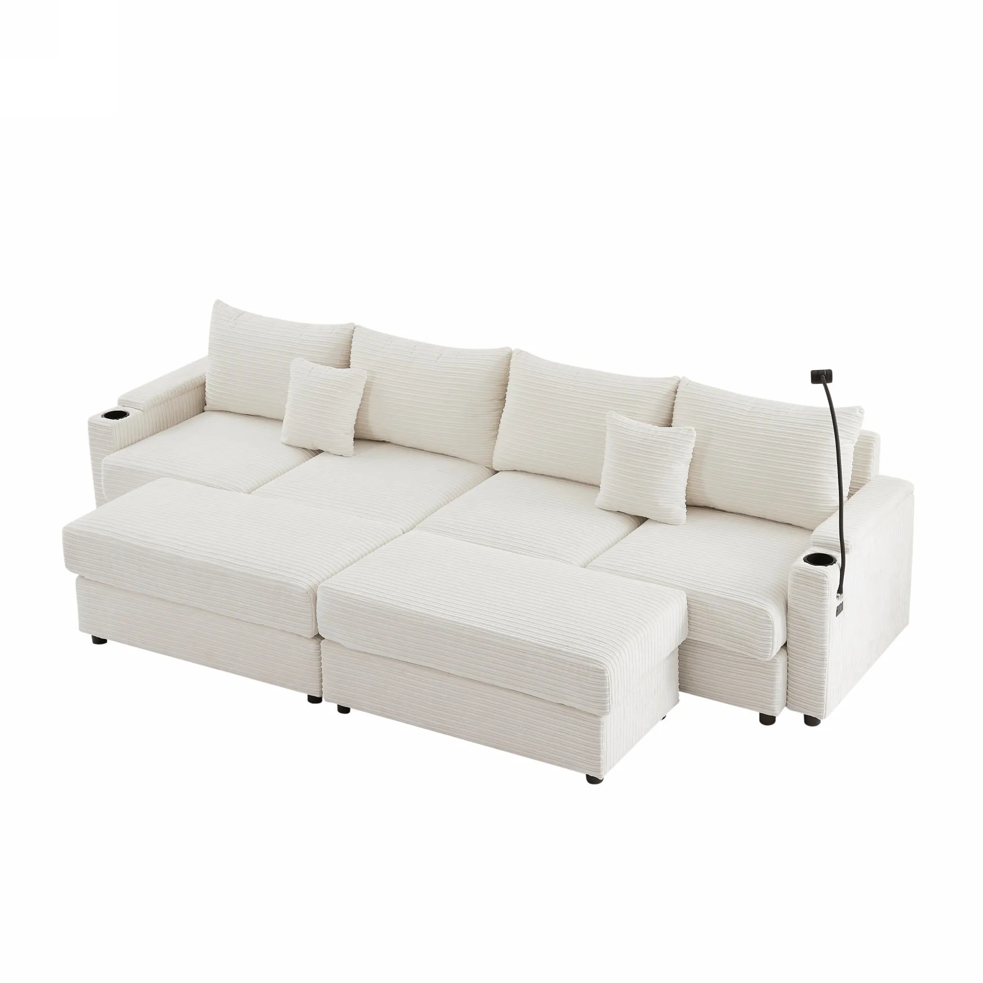 123.2" Modern 4-Seater Sectional Sofa with Storage, Ottomans, USB Ports, Cup Holders, Phone Holder, Beige