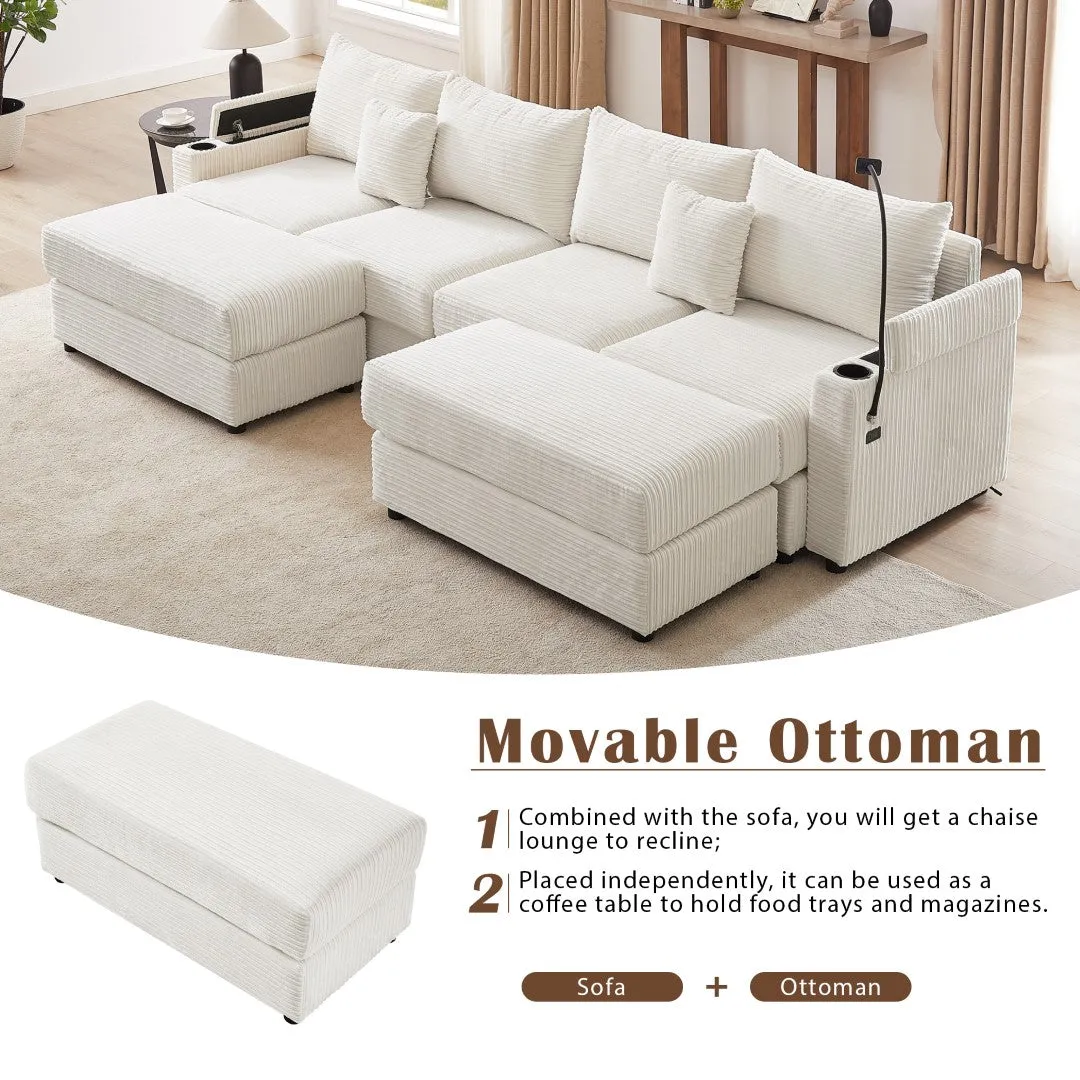 123.2" Modern 4-Seater Sectional Sofa with Storage, Ottomans, USB Ports, Cup Holders, Phone Holder, Beige