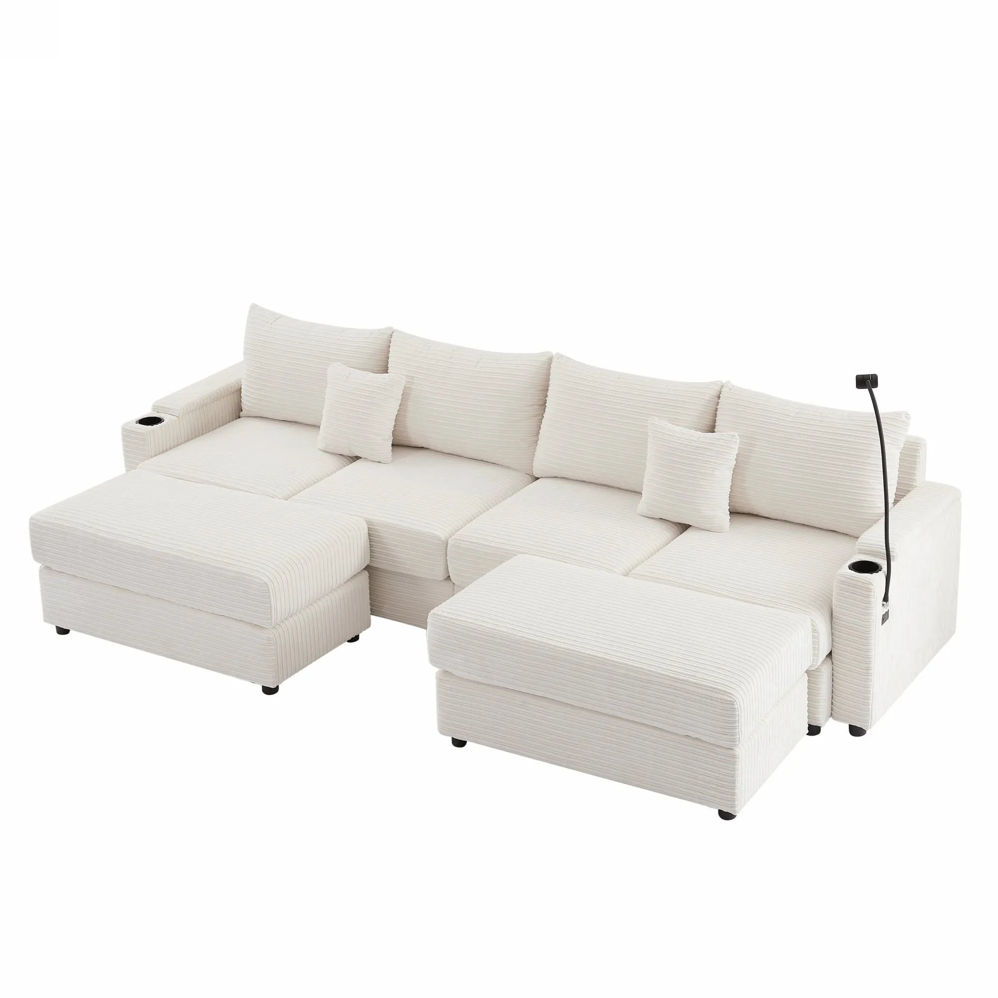 123.2" Modern 4-Seater Sectional Sofa with Storage, Ottomans, USB Ports, Cup Holders, Phone Holder, Beige