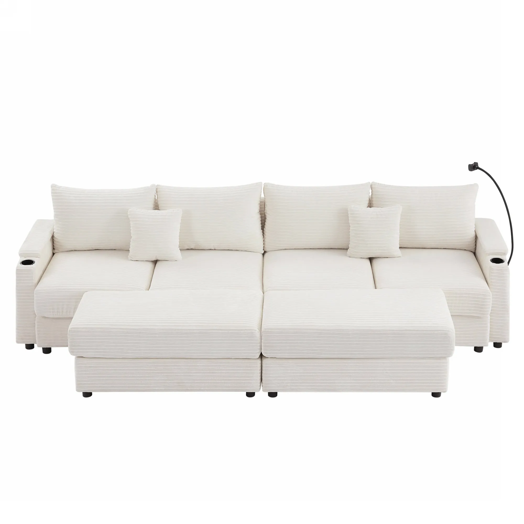 123.2" Modern 4-Seater Sectional Sofa with Storage, Ottomans, USB Ports, Cup Holders, Phone Holder, Beige