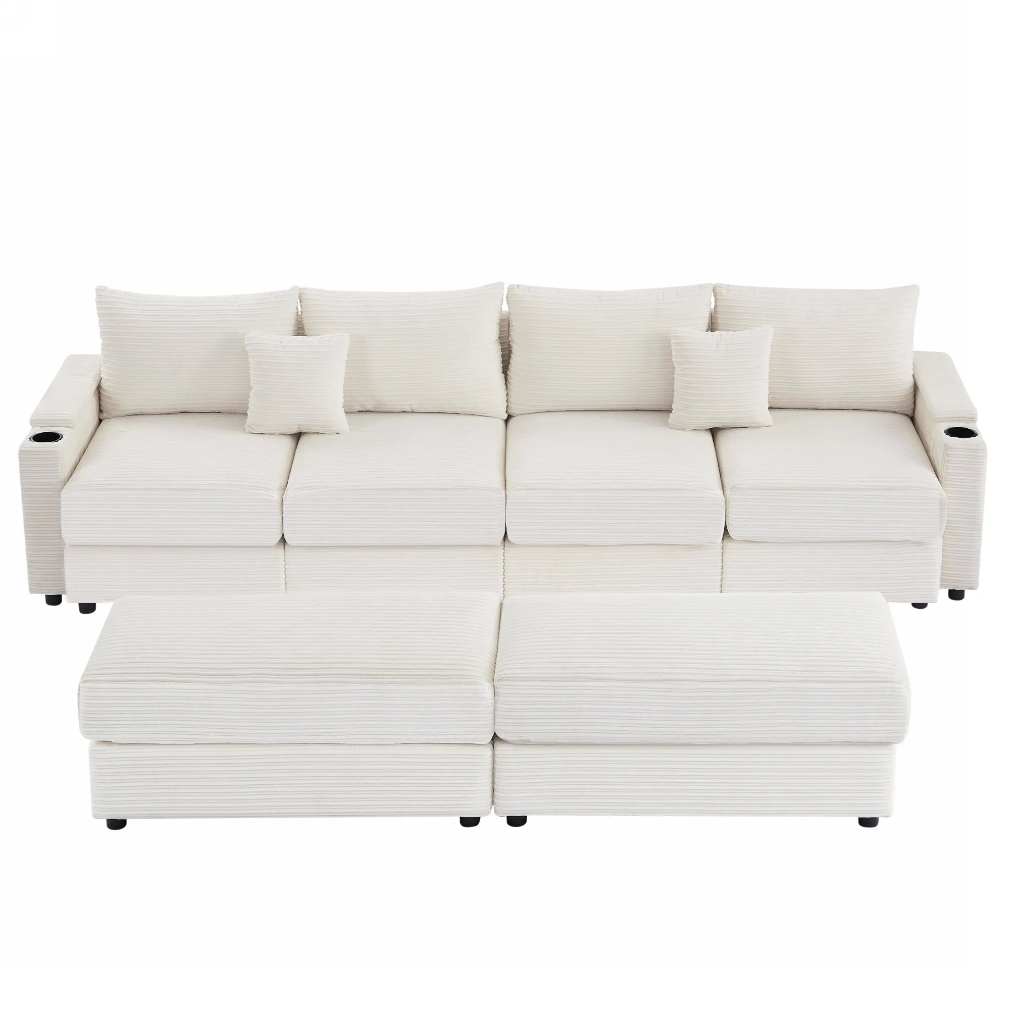 123.2" Modern 4-Seater Sectional Sofa with Storage, Ottomans, USB Ports, Cup Holders, Phone Holder, Beige