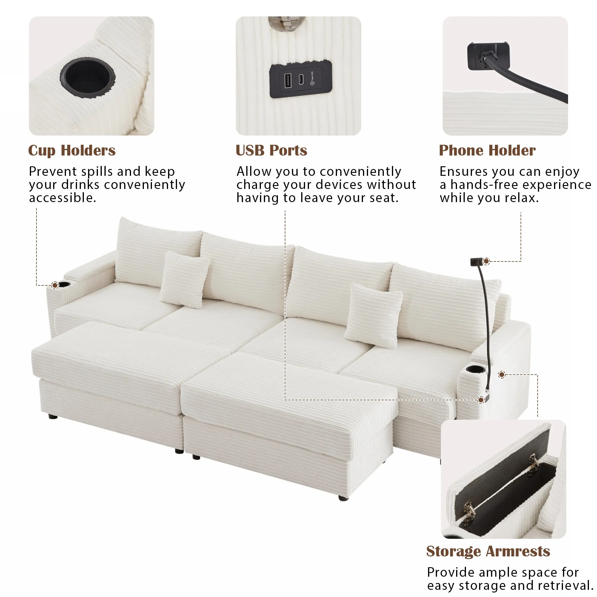 123.2" Modern 4-Seater Sectional Sofa with Storage, Ottomans, USB Ports, Cup Holders, Phone Holder, Beige