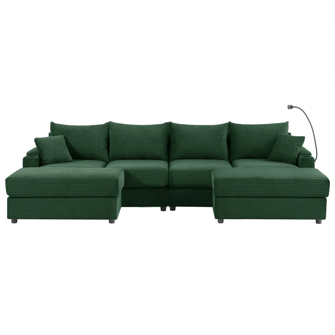 123.2" Modern 4-Seater Sectional Sofa With Storage, Ottomans, USB Ports, Cup Holders, Phone Holder, Green