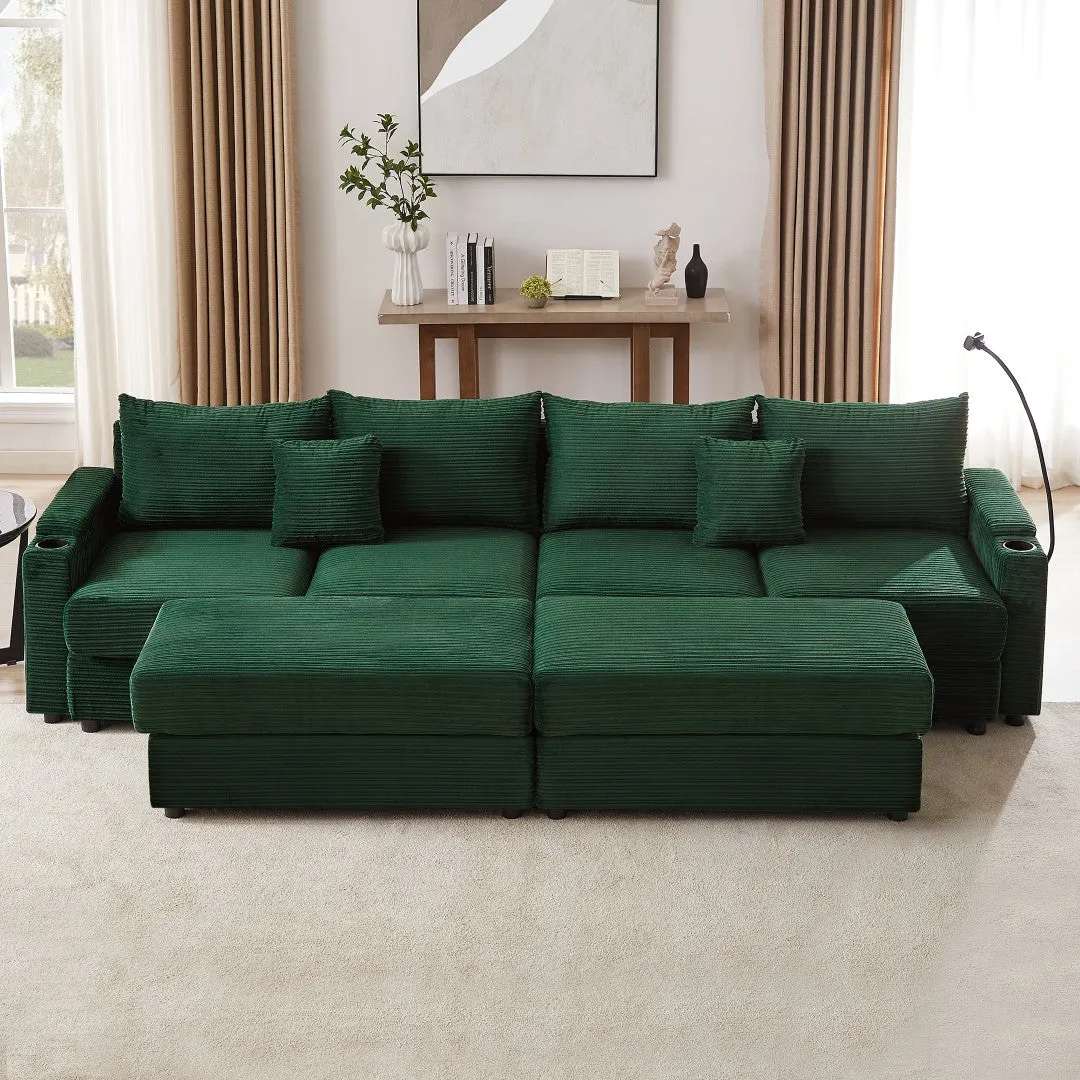 123.2" Modern 4-Seater Sectional Sofa With Storage, Ottomans, USB Ports, Cup Holders, Phone Holder, Green