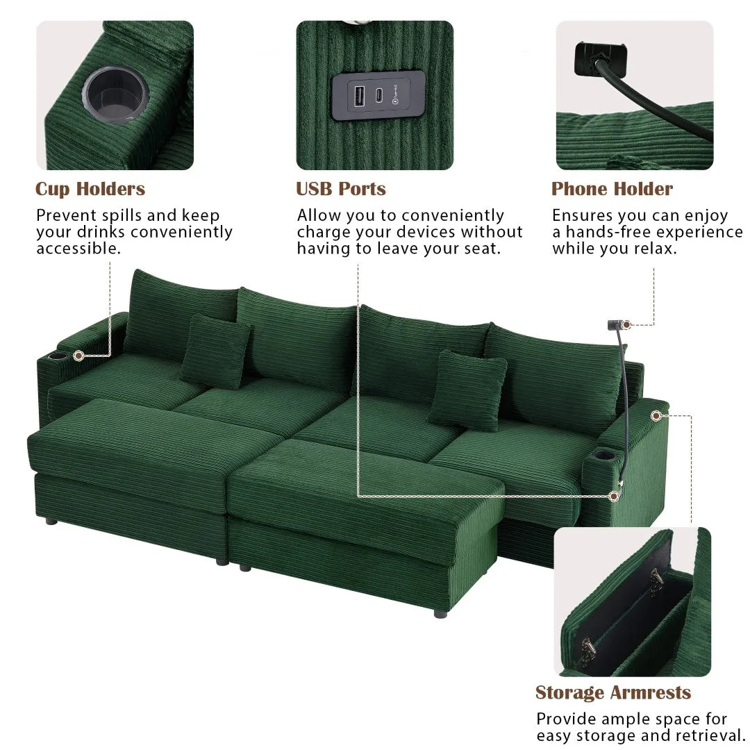 123.2" Modern 4-Seater Sectional Sofa With Storage, Ottomans, USB Ports, Cup Holders, Phone Holder, Green