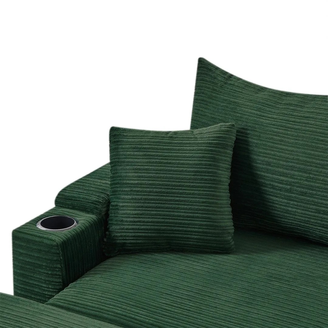 123.2" Modern 4-Seater Sectional Sofa With Storage, Ottomans, USB Ports, Cup Holders, Phone Holder, Green