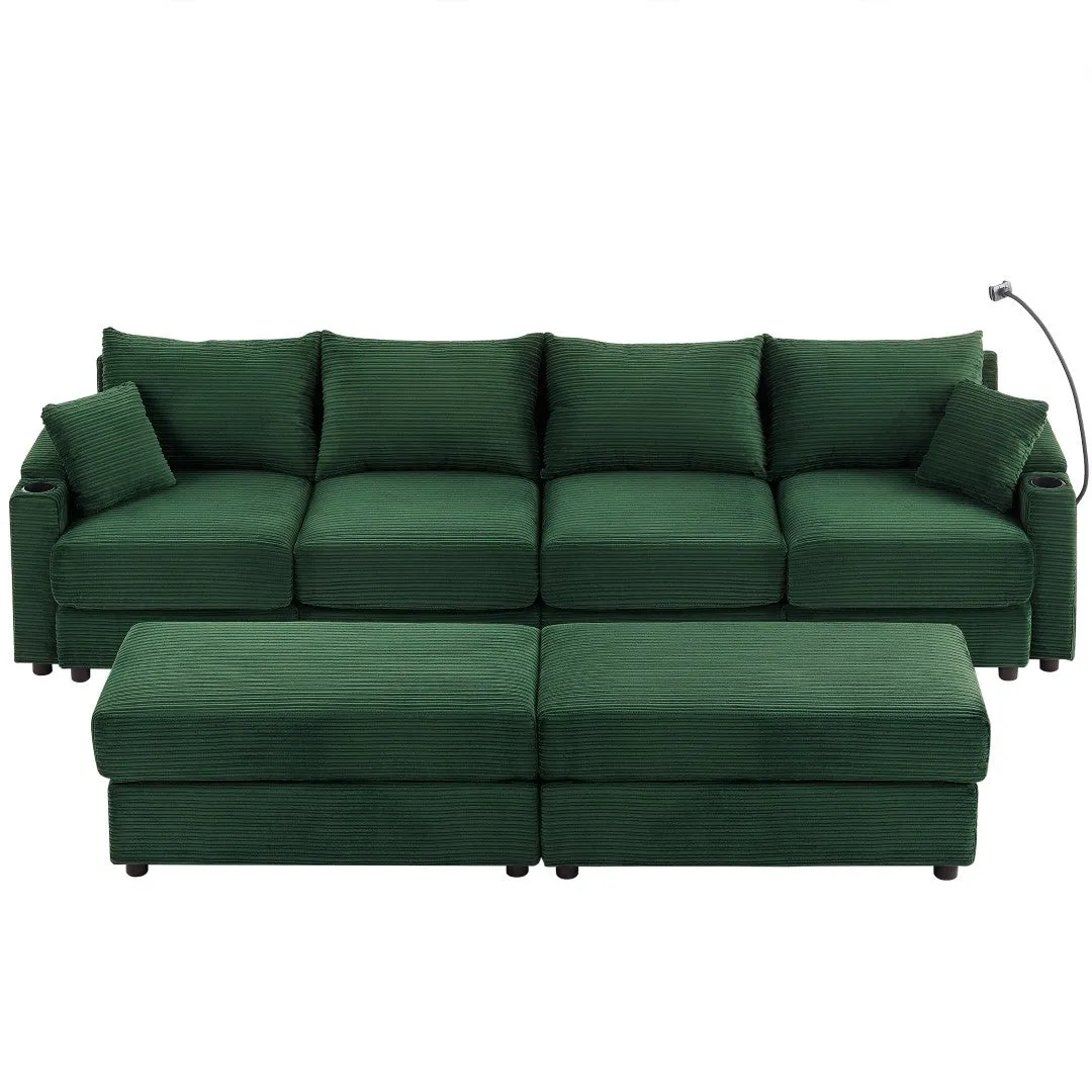 123.2" Modern 4-Seater Sectional Sofa With Storage, Ottomans, USB Ports, Cup Holders, Phone Holder, Green