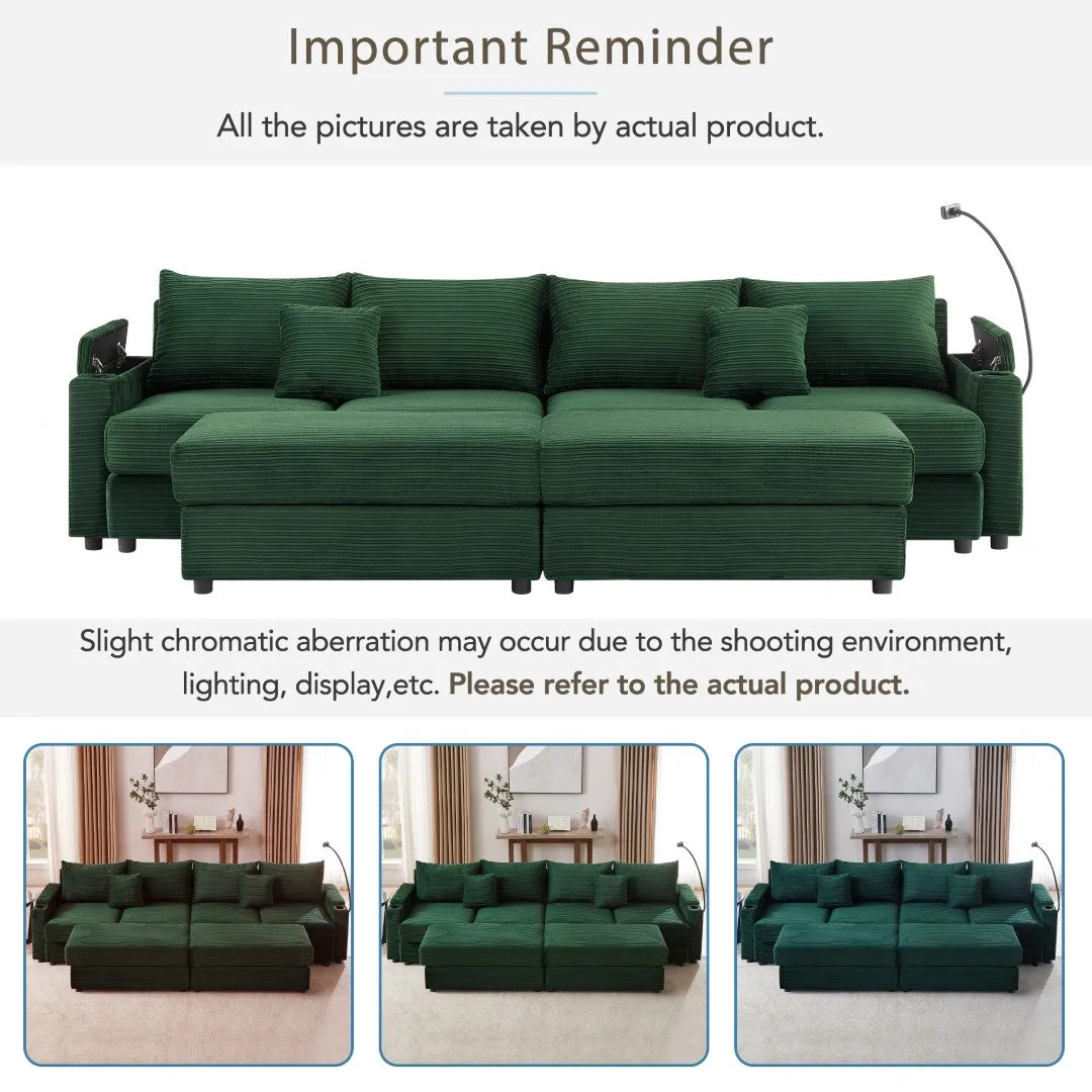 123.2" Modern 4-Seater Sectional Sofa With Storage, Ottomans, USB Ports, Cup Holders, Phone Holder, Green