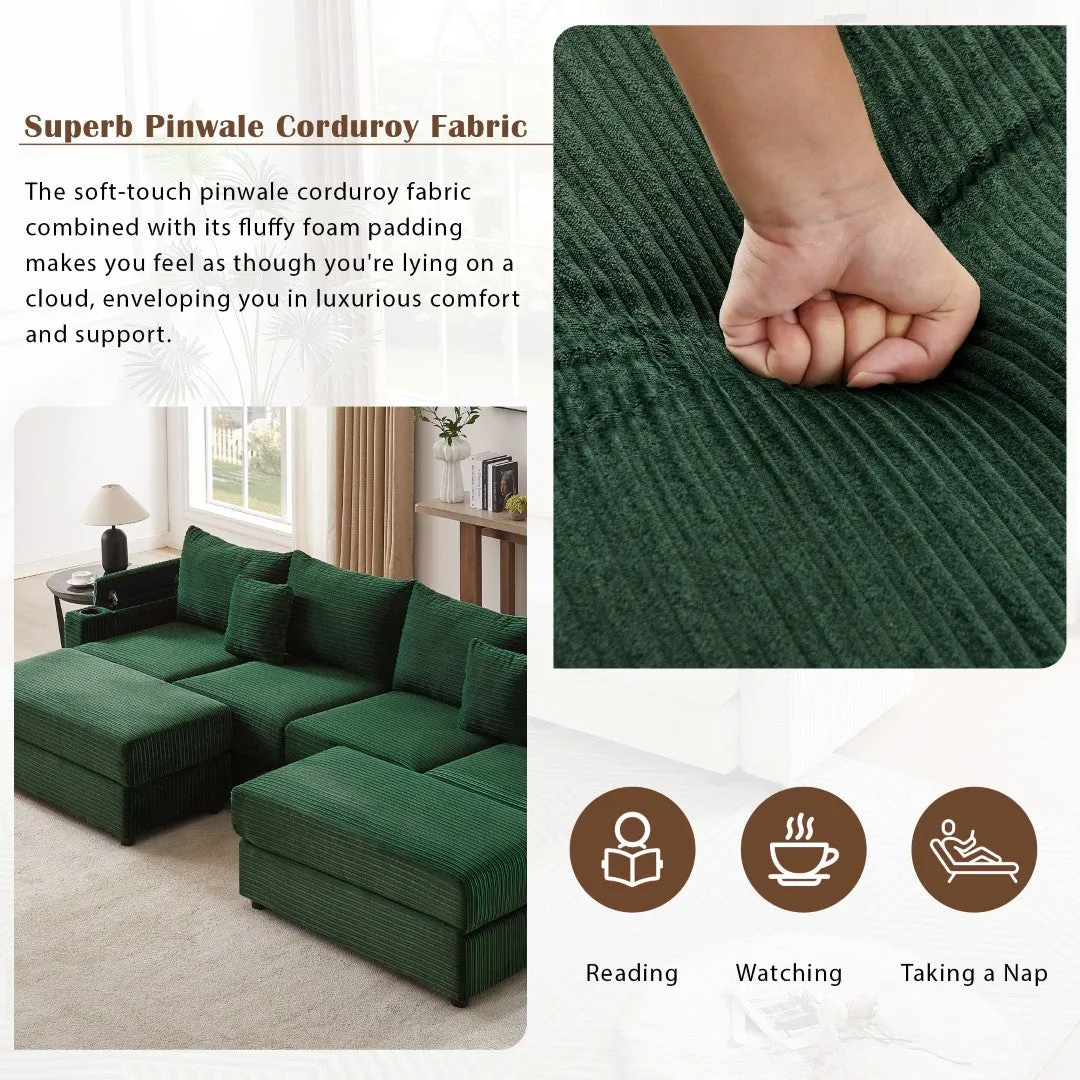 123.2" Modern 4-Seater Sectional Sofa With Storage, Ottomans, USB Ports, Cup Holders, Phone Holder, Green