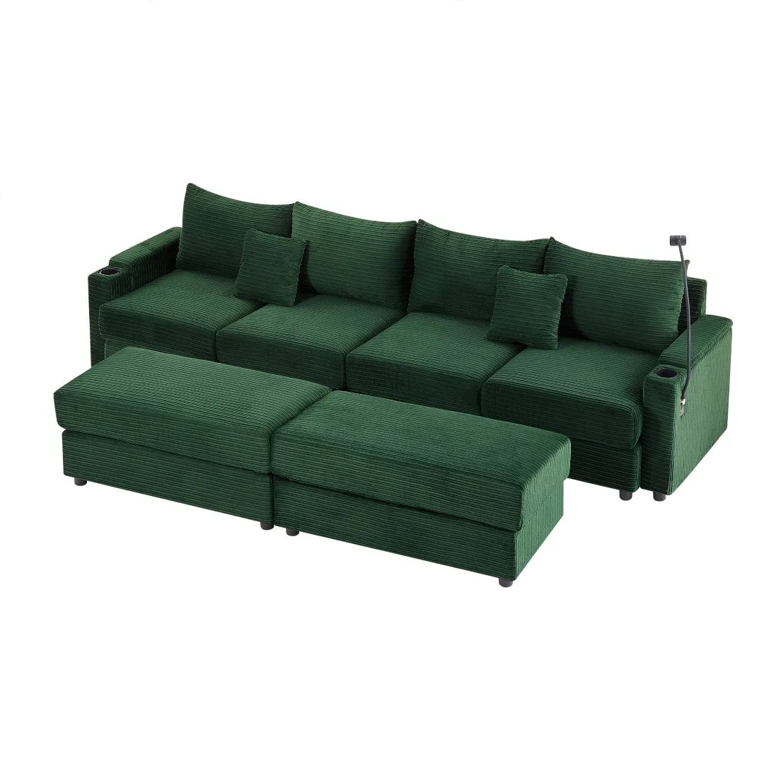 123.2" Modern 4-Seater Sectional Sofa With Storage, Ottomans, USB Ports, Cup Holders, Phone Holder, Green