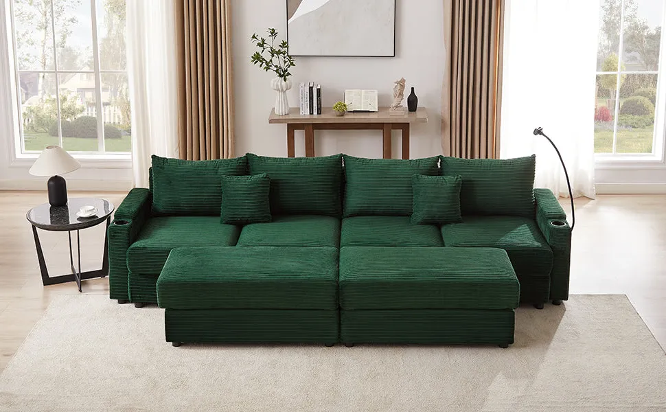 123.2" Modern 4-Seater Sectional Sofa With Storage, Ottomans, USB Ports, Cup Holders, Phone Holder, Green