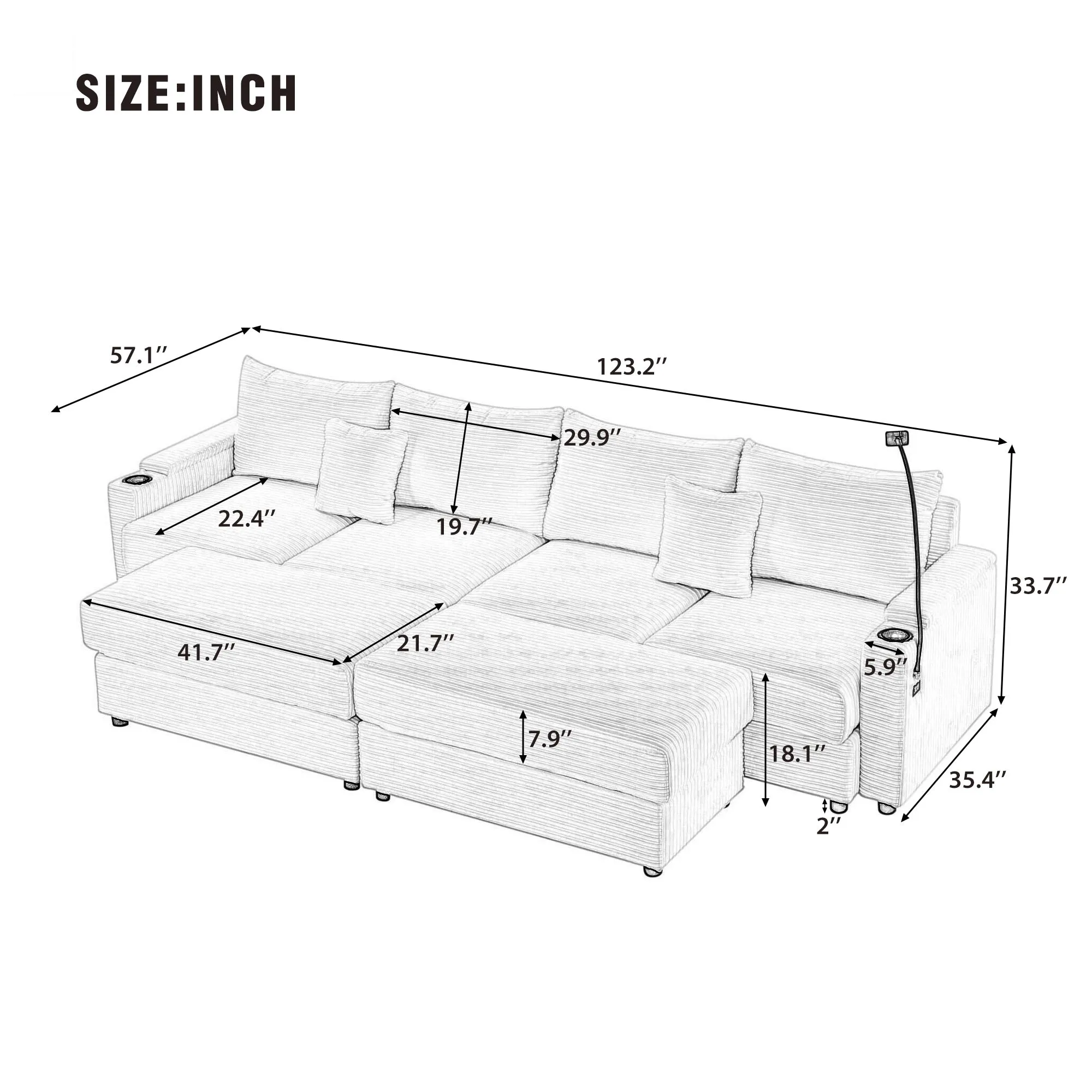 123.2" Modern 4-Seater Sectional Sofa With Storage, Ottomans, USB Ports, Cup Holders, Phone Holder, Green