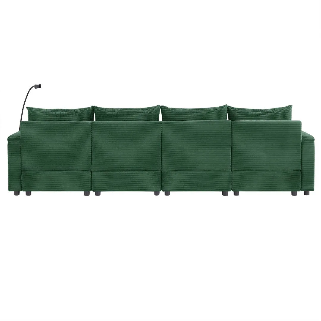 123.2" Modern 4-Seater Sectional Sofa With Storage, Ottomans, USB Ports, Cup Holders, Phone Holder, Green