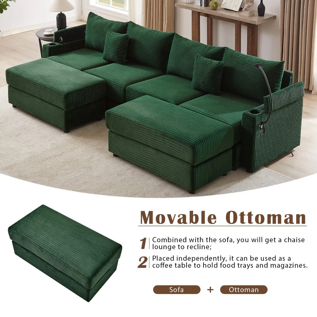 123.2" Modern 4-Seater Sectional Sofa With Storage, Ottomans, USB Ports, Cup Holders, Phone Holder, Green