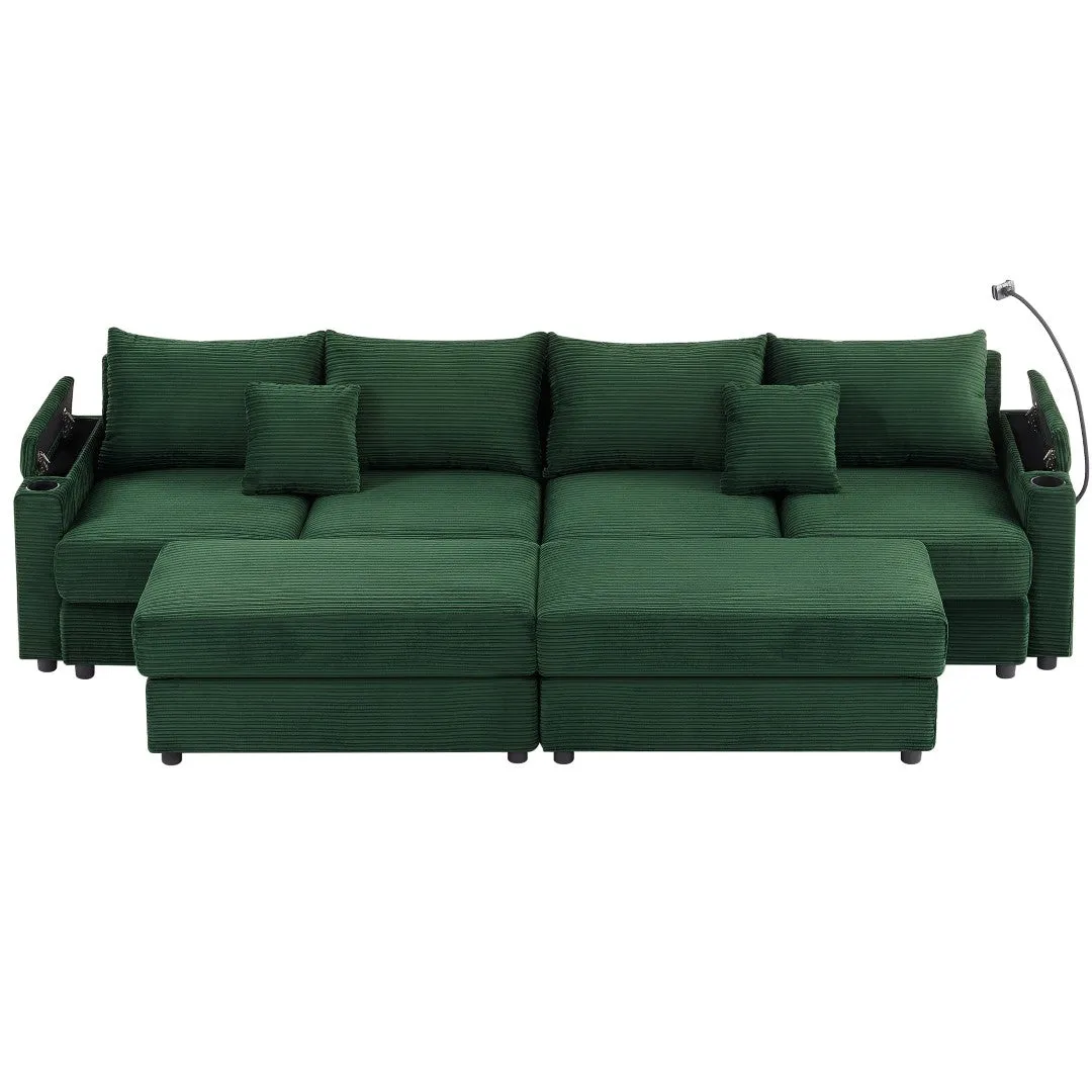 123.2" Modern 4-Seater Sectional Sofa With Storage, Ottomans, USB Ports, Cup Holders, Phone Holder, Green