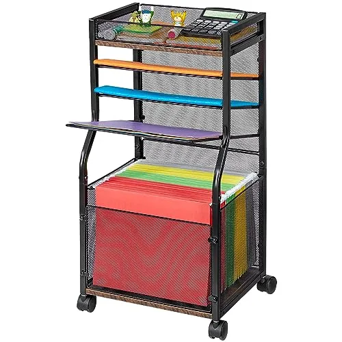 3IngSeagulls 5-Tier Rolling File Cart with Hanging File Folders, Mobile Desk File Organizer on Lockable Wheels, Wood & Mesh Paper Letter Sliding Trays Organization for Office, Home, School, Patent