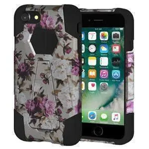 Amzer Dual Layer Designer Hybrid iPhone 7 Case with Kickstand - Romantic Pink White Roses Floral