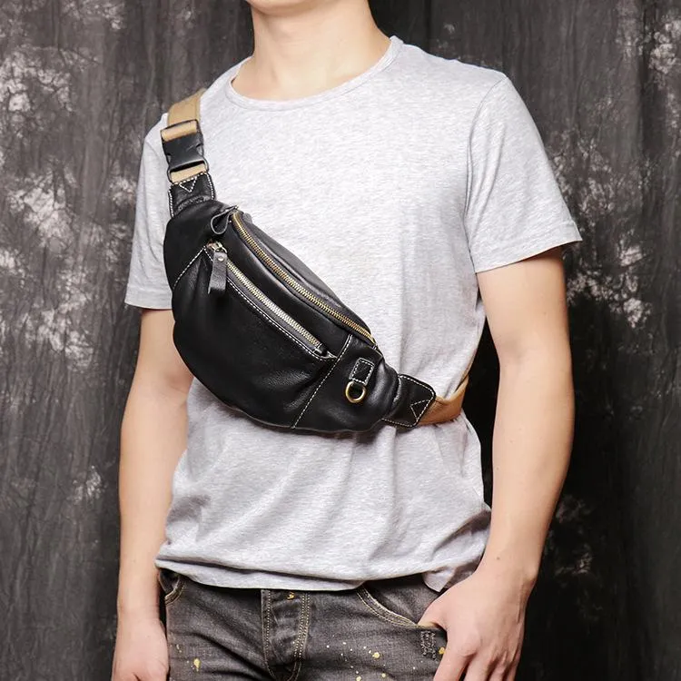 Best Black Leather Fanny Pack Men's Black Chest Bag Best Hip Bag Waist Bag For Men