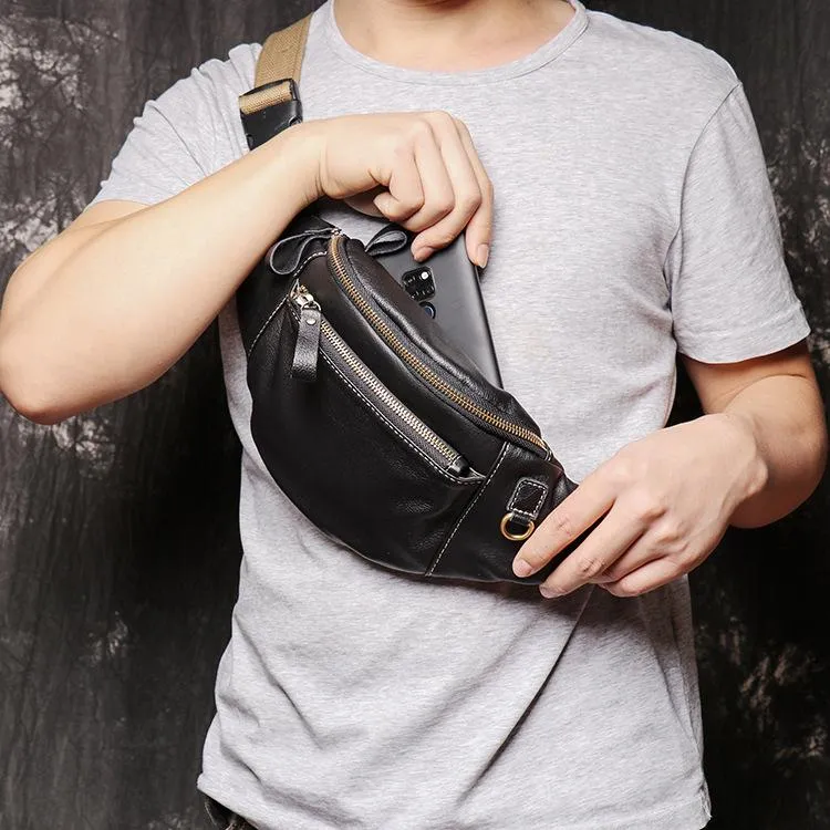 Best Black Leather Fanny Pack Men's Black Chest Bag Best Hip Bag Waist Bag For Men