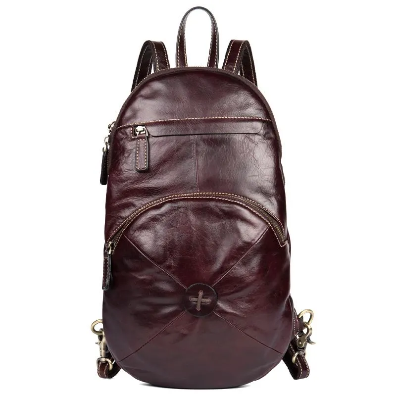 Brown Fashion Mens Leather 11-inches Large Backpacks Red Wine Travel Backpacks School Backpacks for men