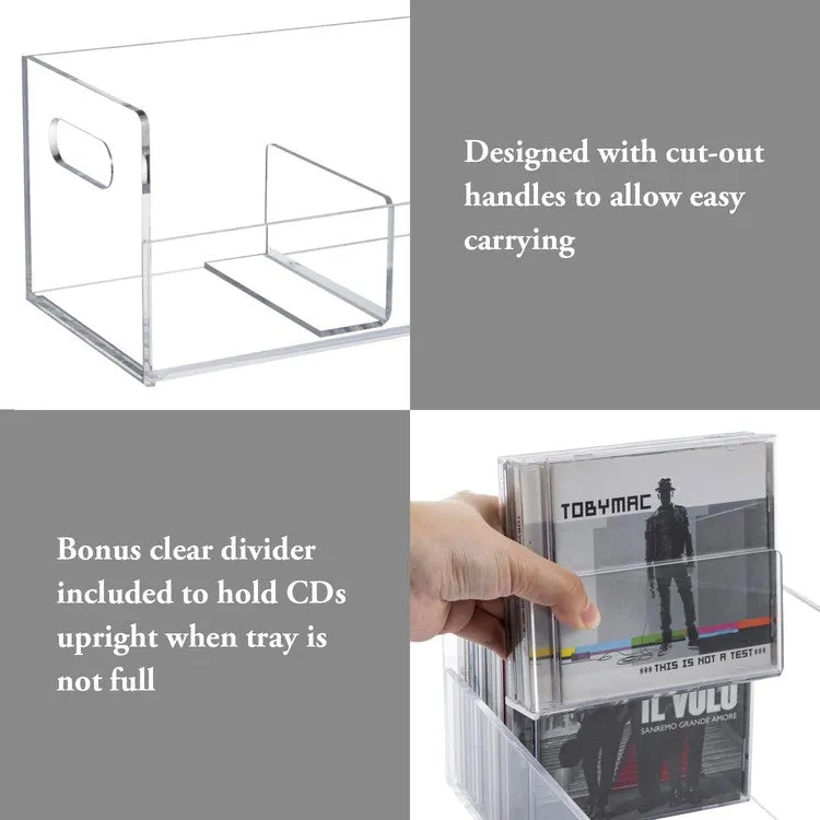 Clear Acrylic Stackable CD Holder Rack with Cutout Carrying Handles, Jewel Case Display Crate