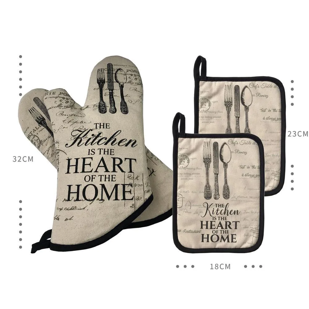 Cotton Heat-Resistant Kitchen Accessory Set - 4 Piece Oven Mitts & Pot Holders Collection