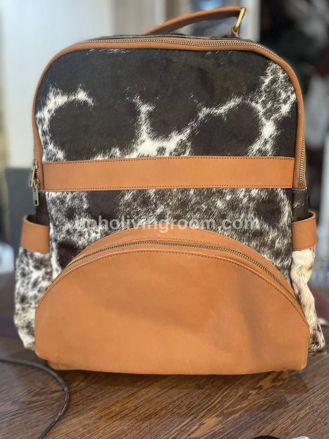 Cowhide Backpack Dark Brown Black White