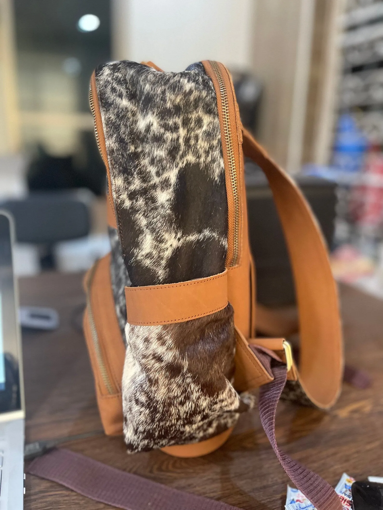 Cowhide Backpack Dark Brown Black White