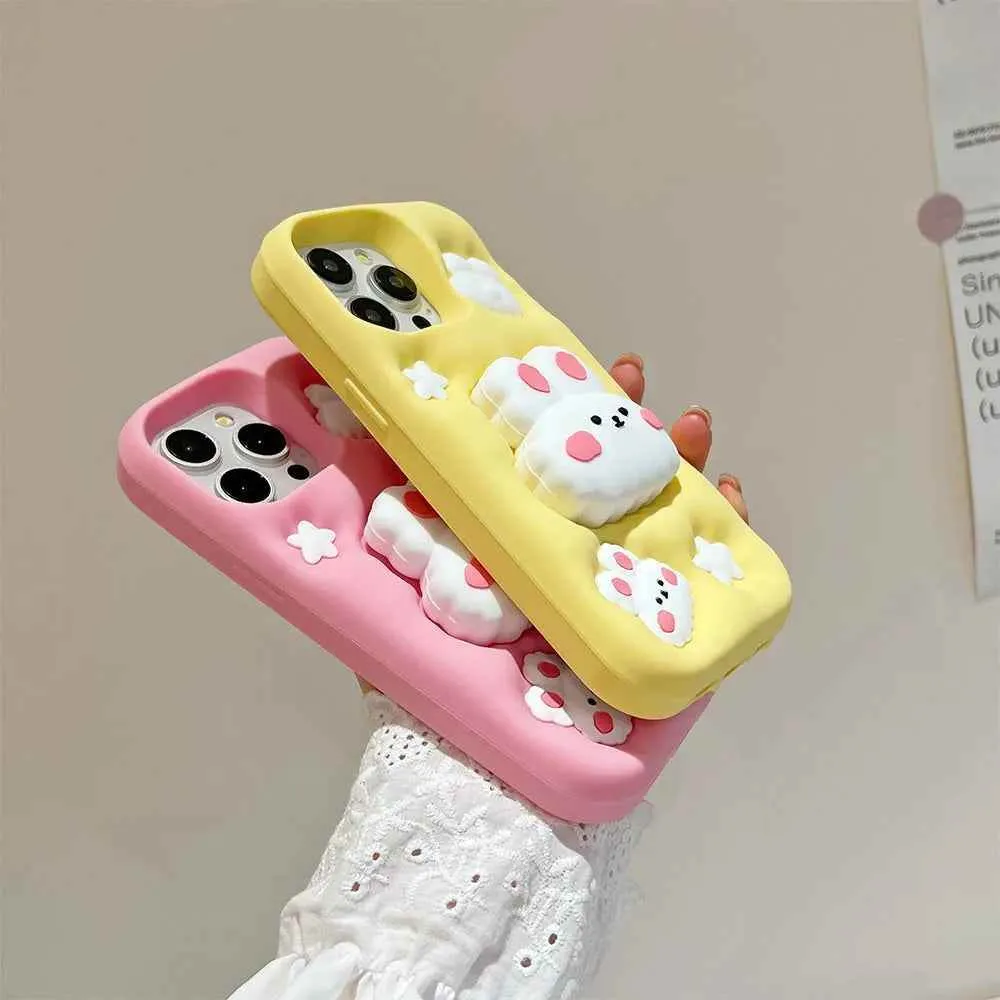 Cute Phone Cases - 3D Rabbit Folding Silicone Stand Cover for iPhone 15/14/13/12/11 Pro Max - TSP286