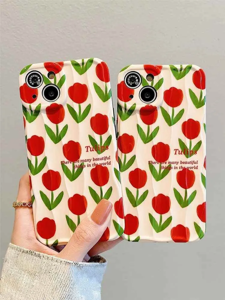 Cute Phone Cases For iPhone 11, 12, 13, 14, and 15 Pro Max - Beautiful Red Flower - Wavy Cover - TSP266