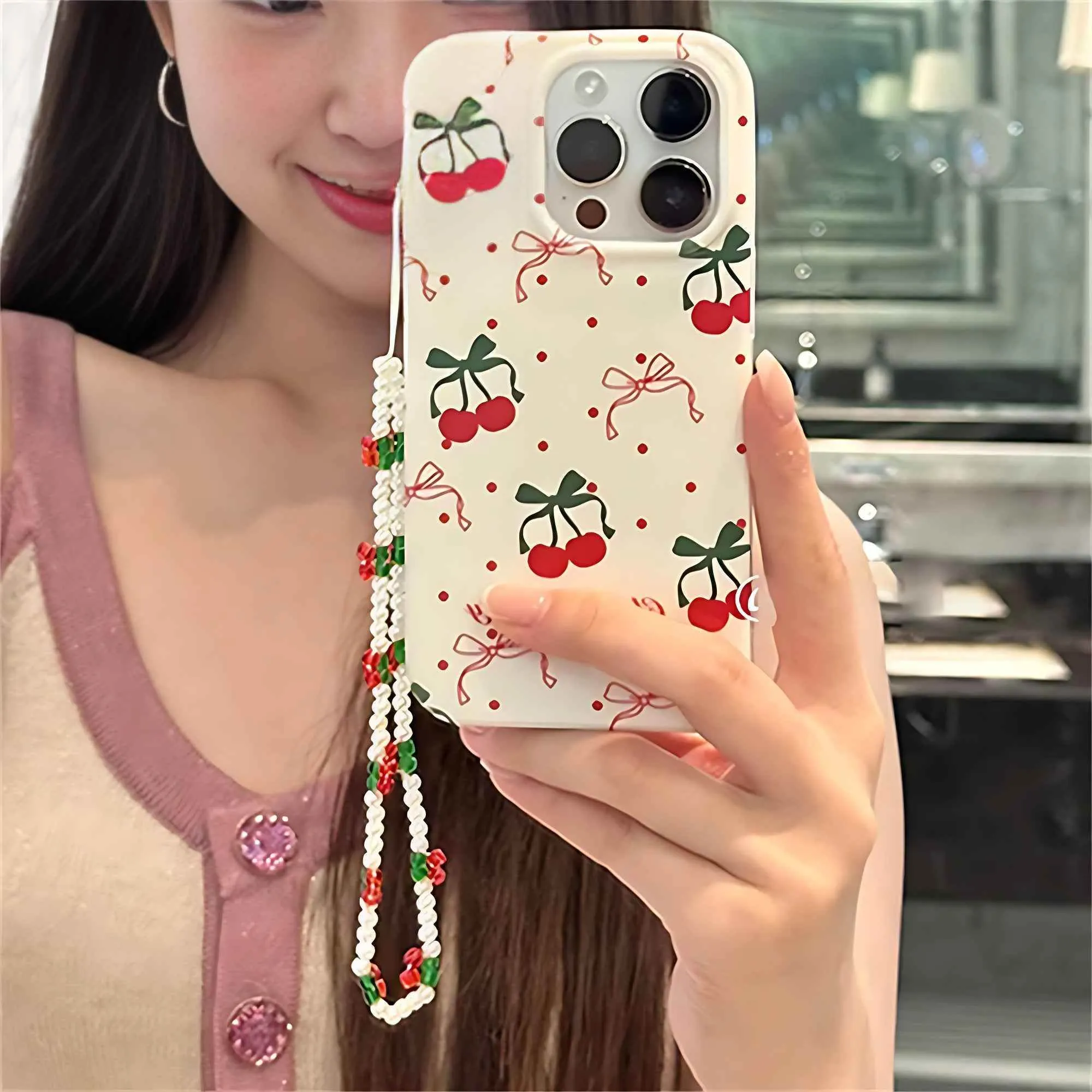 Cute Phone Cases for iPhone 15, 14, 13, 12, 11 Pro Max, and 14 and 15 Plus - Cherry Bowknot Bracelet Cover - TSP345